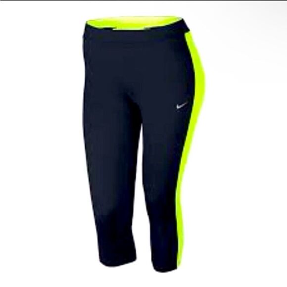 NIKE | Dri Fit Essential Black & Neon Yellow Running Capri Leggings Women’s 2X - Picture 1 of 11